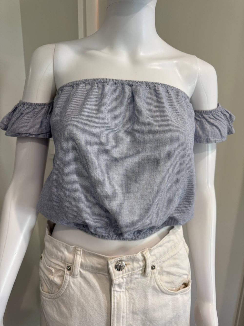 Brandy Melville Blue Striped Off-Shoulder Crop Top